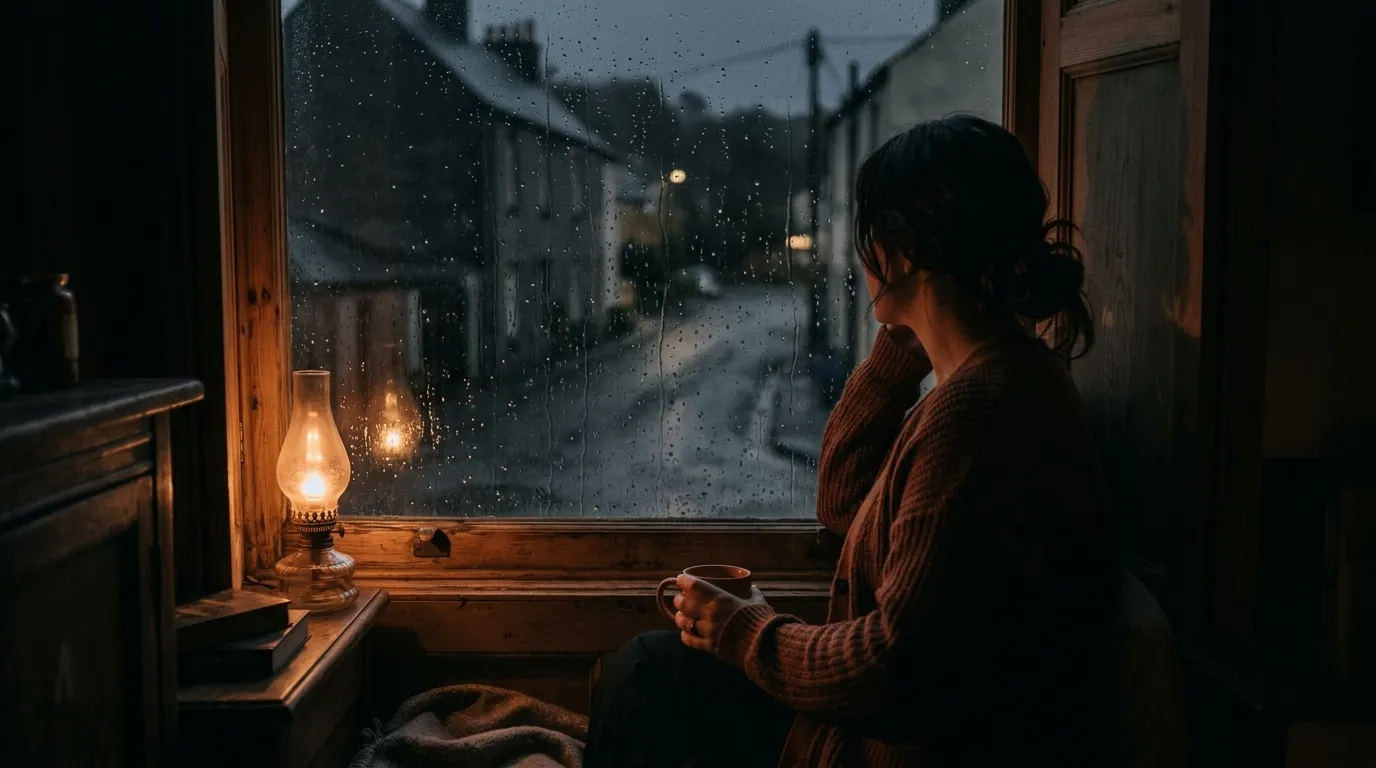 A solitary figure looking out of a rain-streaked window at twilight