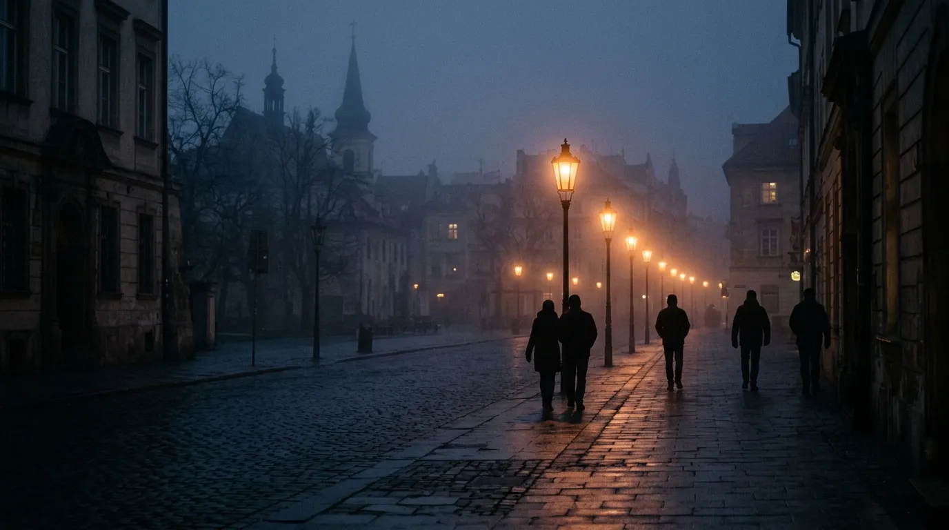 Silhouettes of people walking along a misty cobblestone street under glowing lamplights