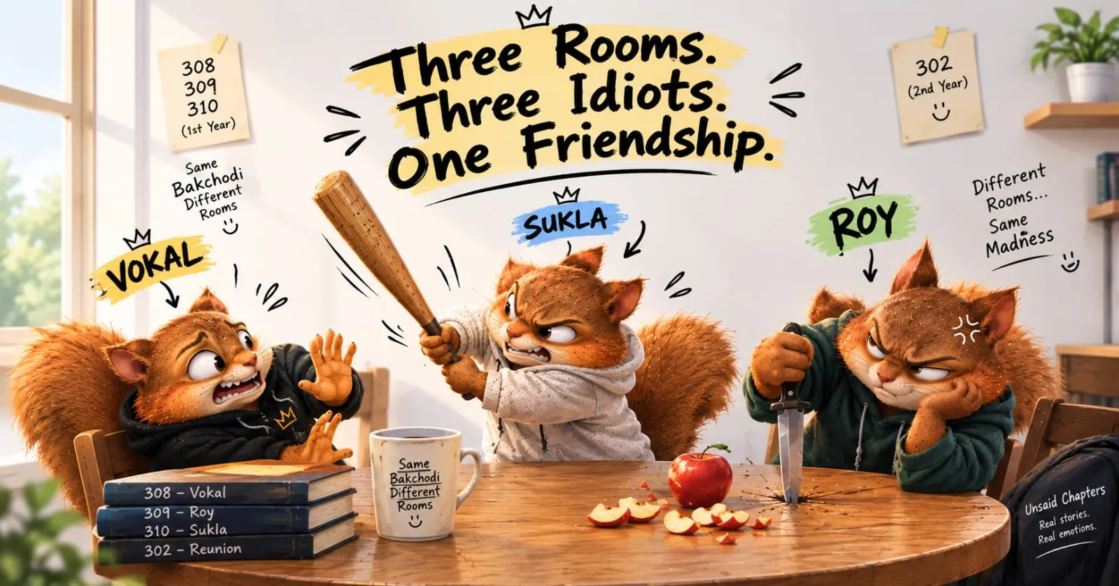 Three friends sitting together in a room