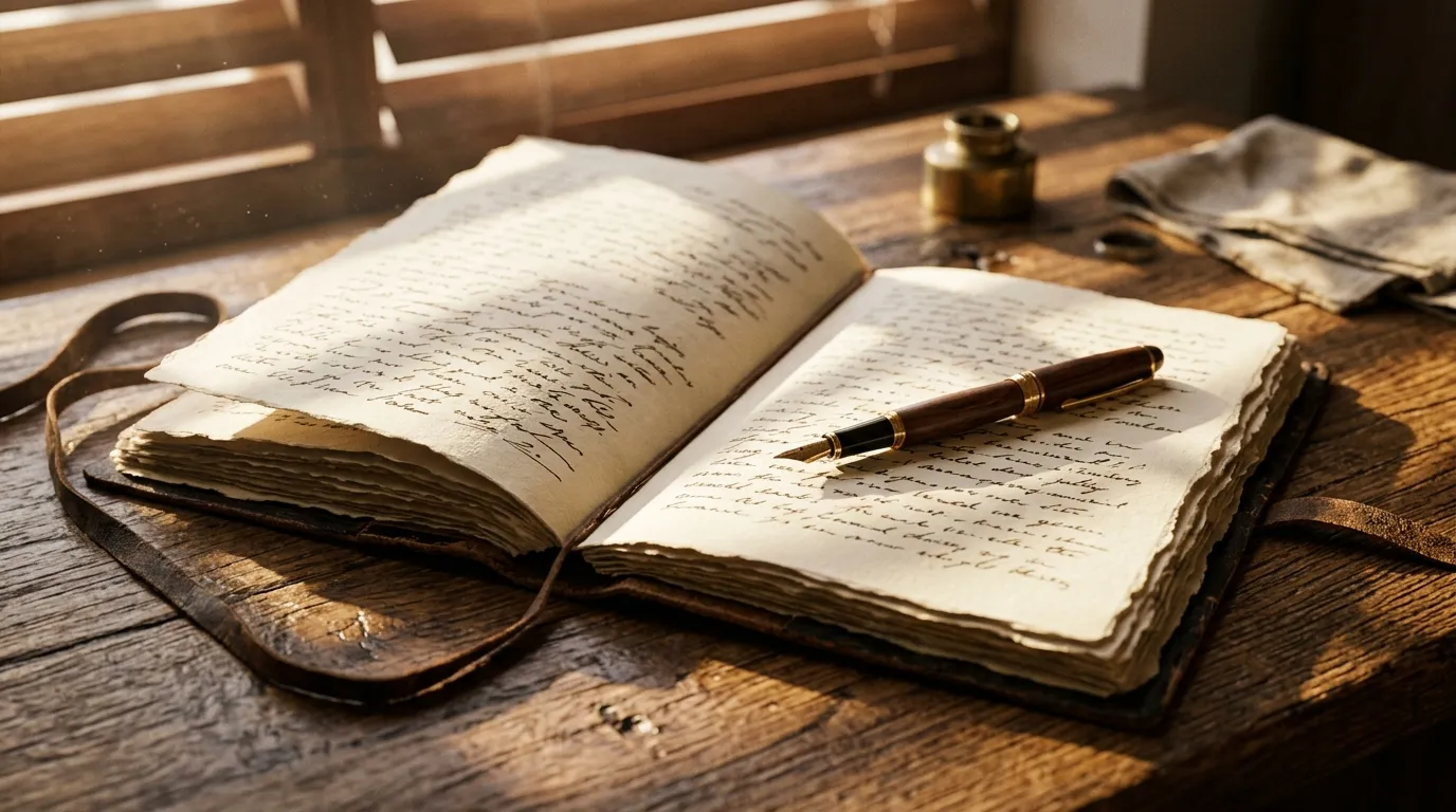 An open handwritten journal on a warm rustic wooden desk with a fountain pen
